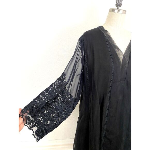 Agha Noor Silk Tunic Top Size L Black Embroidered V-Neck Whimsy Witchy Party - Picture 5 of 10